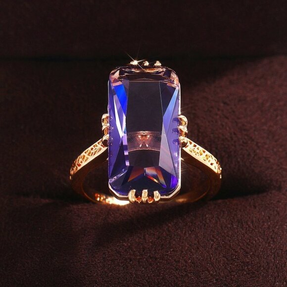▶Big Pure Royal Purple Zircon 14K Gold Ring for Women, F087 - Picture 3 of 7